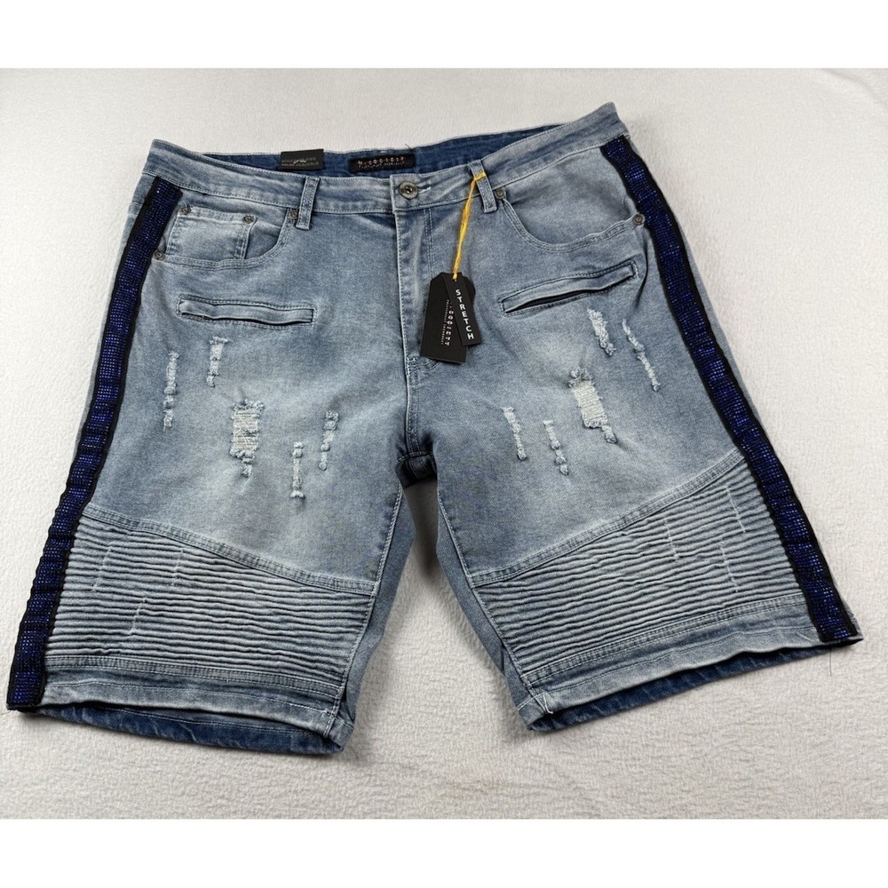 NEW DENIM DISTRESSED M SOCIETY JEANS side stripe MEN SHORTS Size 38
